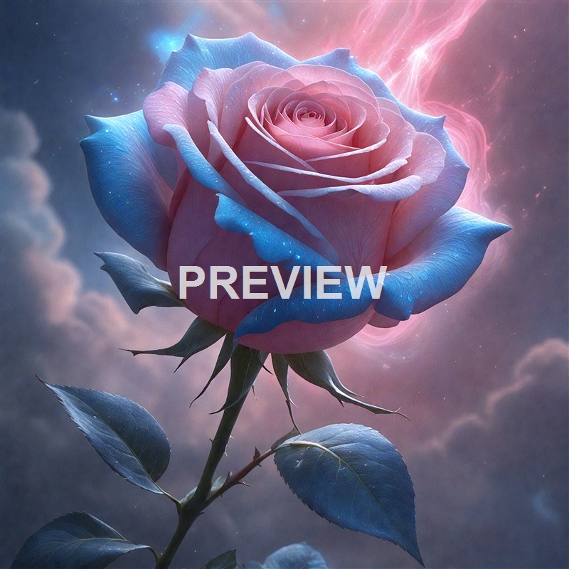 A digitally enhanced rose with pink petals and blue-tinted edges, set against a cosmic background with clouds and lightning.
